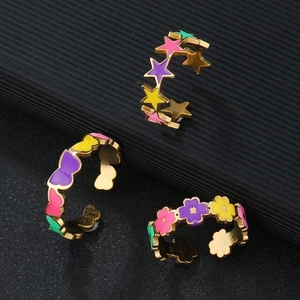 Colorful enamel star heart and flower pattern gold-plated stainless steel open rings