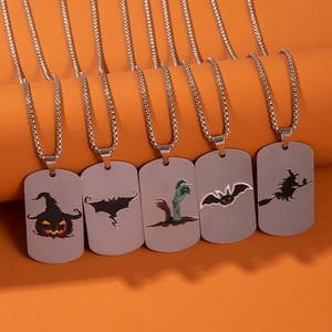 Halloween Pumpkin Witch Bat Ghost Pendant Necklace Stainless Steel Alloy Military Tag Necklace Party Jewelry Gift For Women