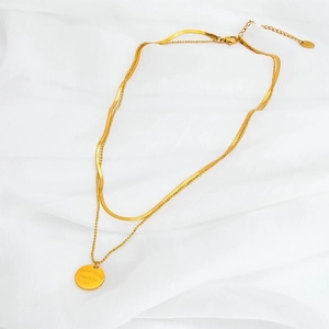 Double-layered 18k gold plated stainless steel necklace with round eternal love pendant