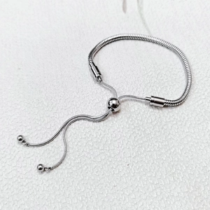 Waterproof silver stainless steel snake chain bracelet with adjustable sliding toggle clasp