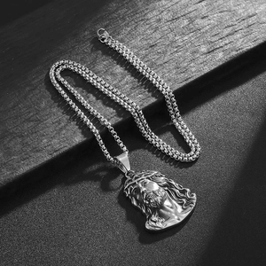 Polished silver stainless steel hip hop necklace featuring a detailed Jesus head pendant