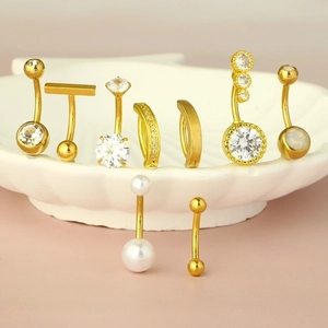 9-piece set of gold stainless steel belly rings with clear gems, pearls and opals