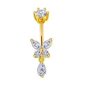 Detailed view of golden butterfly belly ring with sparkling zircon stones and water drop pendant