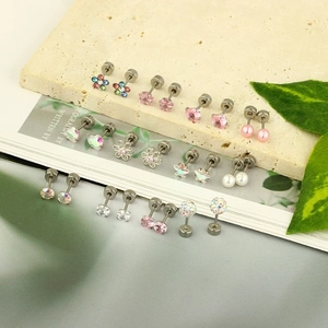 24-piece set of pink stainless steel star and floral screw-back ear studs for women