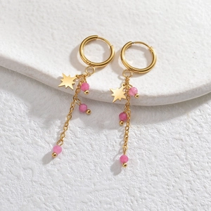 14K gold plated stainless steel star earrings with long chain and pink beads