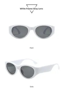 Front and side view of oval chunky white sunglasses with grey lenses in minimalist style
