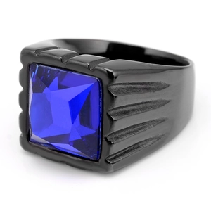 Detail showing the square blue gemstone set in a textured black titanium steel ring band