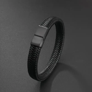 Men's retro black braided leather bracelet with a sleek magnetic clasp closure