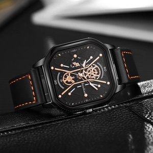 Trend square case men's watch with rose gold dial details and black leather strap