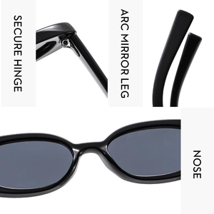 Detail view of oval sunglasses showing secure metal hinges and arc mirror legs