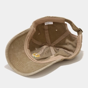 Vintage olive brown washed cotton baseball cap with embroidered sunflower detail