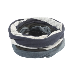 Detail of soft fleece neck warmer featuring navy blue and grey horizontal stripes