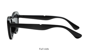 Side profile of black heart-shaped cat eye sunglasses showing streamlined temples