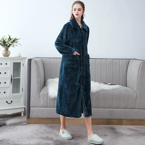 Thick navy blue coral fleece long nightgown with ruffles and large front pockets