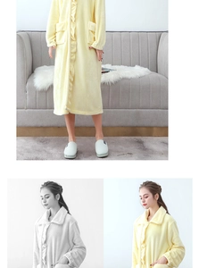 Detail of light yellow coral fleece bathrobe featuring lace lapel and thick soft texture