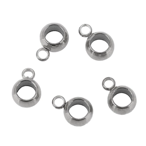 Detail of five silver stainless steel spacer beads with loops for DIY jewelry making