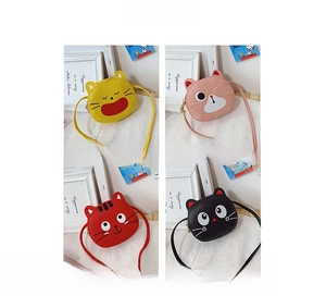 Mini cartoon cat crossbody bags for girls in yellow, pink, red, and black leather