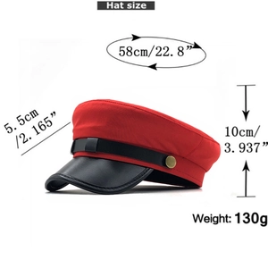 Detailed size chart showing 58cm head circumference for the red flat top military hat