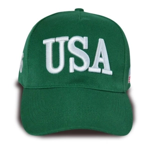 Detailed view of white USA embroidery on a dark green classic baseball cap