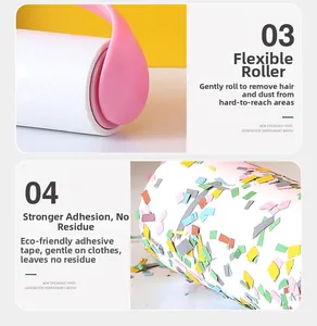 Detail of tear-off lint roller showing strong adhesive surface and ergonomic pink handle
