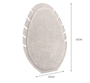 Detail view of beige velvet necklace display stand with side notches and dimensions