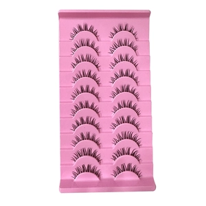 Detailed display of 10 pairs of natural black eyelashes on a pink display stand