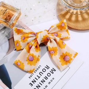 Large Bow Hair Clip Chiffon Fabric Sunflower Heart Floral Print Spring Hairpin Sweet Korean Style Women