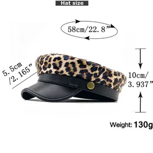 Detailed size chart for leopard print cadet hat with black leather brim and dimensions