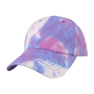 Unisex tie-dye baseball cap featuring purple and pink gradient colors on white background