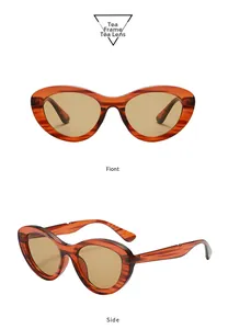 Front and side views of trendy tea-colored cat eye sunglasses with amber frames and lenses