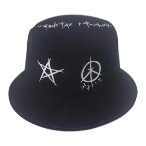 Stylish black bucket hat featuring white graffiti star and streetwear doodle patterns