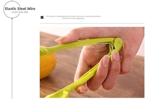 Detail of food slicer handle with elastic steel wire for easy grip on wooden desk