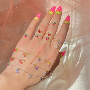 Chic multi-piece fruit ring set with colorful zircon cherry and strawberry charms