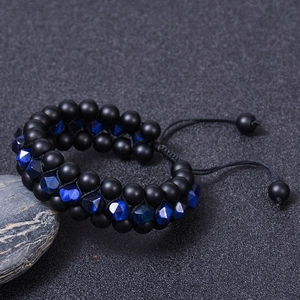 Men's double-layered 8mm matte black beads and blue tiger eye stone adjustable bracelet