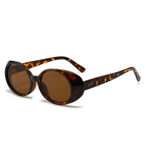 Vintage oval tortoiseshell sunglasses with dark brown lenses on white background