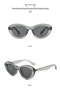 Detail view of transparent gray cat eye sunglasses with high quality resin frames and lenses
