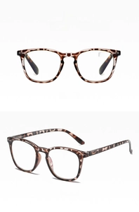 Front and side view of tortoiseshell square reading glasses with blue light blocking lenses