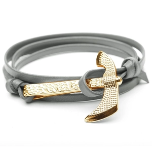 Men's double-layered grey leather anchor bracelet with a vintage golden axe-style clasp