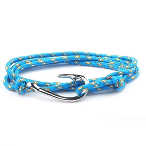 Blue braided nautical bracelet with silver fish hook clasp on a clean white background