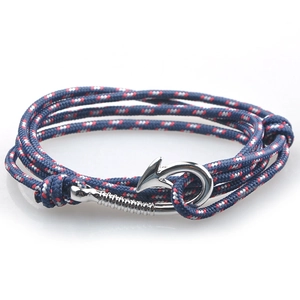 Handmade nautical anchor rope bracelet with silver fish hook clasp in red white and blue