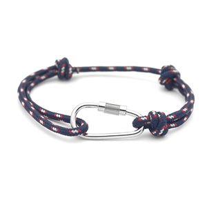 Blue RPET braided rope bracelet with red accents and silver climbing buckle clasp