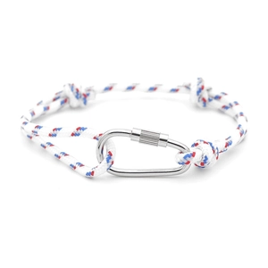 Detail of red white and blue RPET cord bracelet with a silver metal carabiner clasp