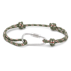 Macro shot of green braided RPET cord bracelet with silver metal D-ring locking clasp