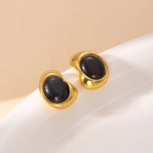 Vintage gold irregular bean studs with oval black stone inlay for women's jewelry