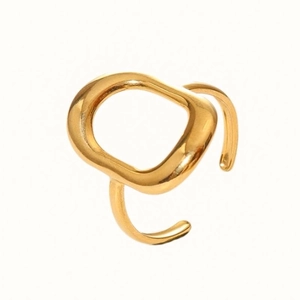 Detailed view of an 18k gold plated irregular geometric open ring with polished finish