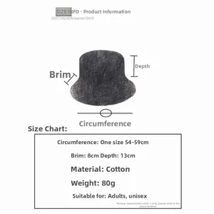Detailed size chart for solid color cotton bucket hat with brim and depth measurements