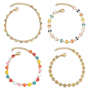 Colorful enamel heart and floral gold-plated bracelets shown in a four-grid layout
