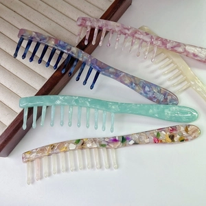 Retro long handle wide tooth acetate hair combs in various colorful marble patterns