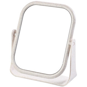 Beige desktop makeup mirror with adjustable stand and wheat straw plastic frame on white background