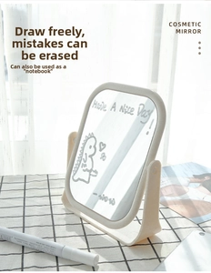Detail of multi-functional desktop makeup mirror with dry-erase surface for drawing